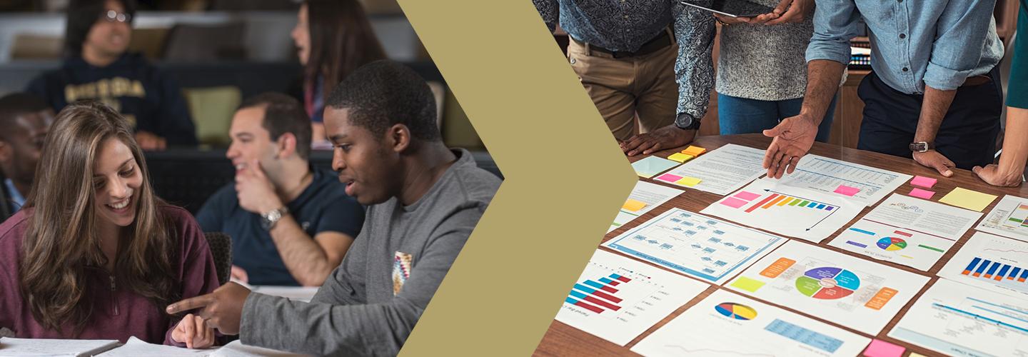 Banner image with two students working together in a clssroom on the left, a gold chevron, an people looking at a table full of graphs on the right