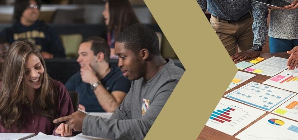Banner image with two students working together in a classroom on the left, a gold chevron, an people looking at a table full of graphs on the right