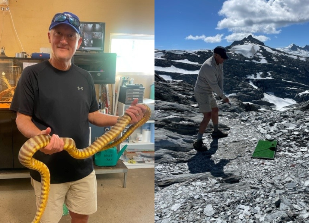 Vernon with a snake and golfing on a mountain