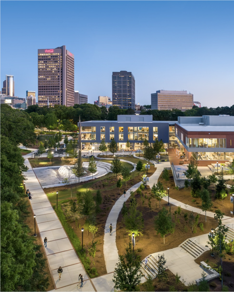 GT campus at dusk with the city in the background