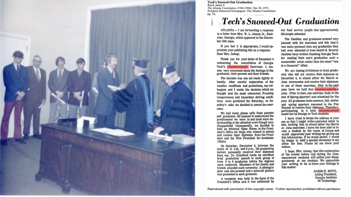 Left: Cheaney receiving his diploma from President Boyd in his office. Right: Article about the snowed out ceremony in the AJC.