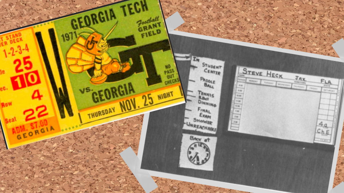 Jones's 1971 Goorgia vs. Georgia Tech football ticket and image of a student's schedule on their door room door (1971 Blueprint)